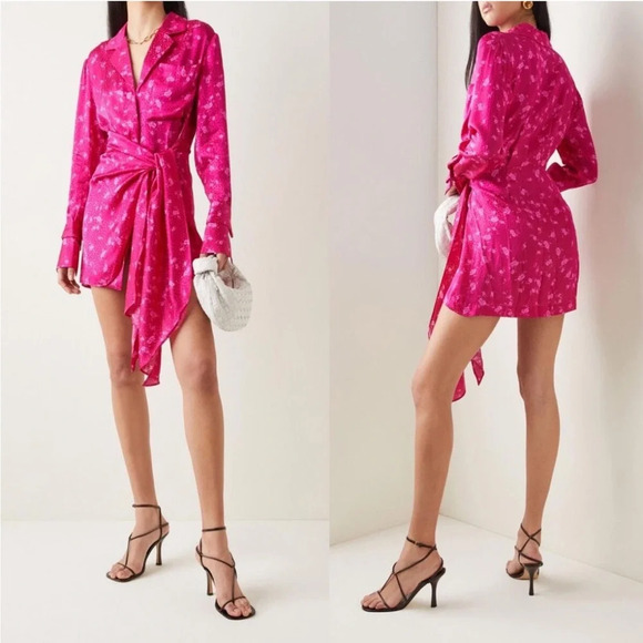 Acler Womens Dress Pink Size 2 Evanston Satin Wrap Collar Drape Shirtdress Mini - Picture 1 of 9
